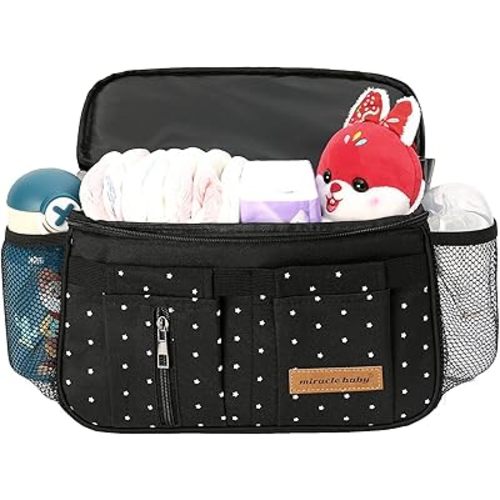 Miracle Baby Stroller Organizer Bag for Mom,Universal Stroller Storage Caddy Diaper Bag- Compatible with Most Stroller - Multifunctional Larg(Black Star)