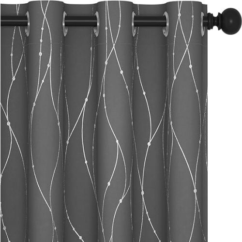 Deconovo Blackout Grey Curtains for Living Room - Grommet Curtains 63 Inch Length, Wave Dots and Line Pattern (52W x 63L Inch, Grey, 2 Panels) - Grey/Silver - W52 X L63