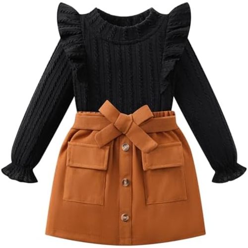 Weixinbuy Toddler Girl Fall Winter Clothes Solid Long Sleeve Ribbed T-Shirt Knit Tops Plaid Button Mini Skirts Set Outfits