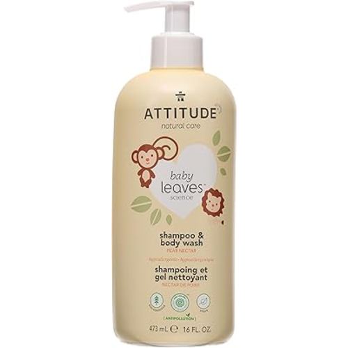 ATTITUDE 2-in-1 Shampoo and Body Wash for Baby, EWG Verified, Dermatologically Tested, Vegan, Pear Nectar, 16 Fl Oz