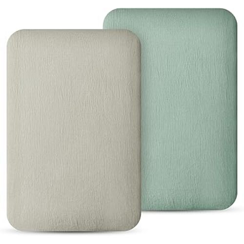 100% Muslin Cotton Bassinet Sheets, 2 Pack – Ultra Soft, Breathable & Skin-Friendly, Fits Oval and Rectangle Bassinet Mattress Up to 32x18x4in, Neutral for Baby Boys & Girls(Green&Grey)