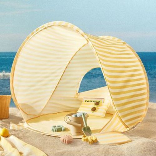 Tiny Land® Baby Beach Tent with Sand Toys, Pop Up UV Sun Shelter for Kids, Baby Summer Outdoor - Pastel Yellow Stripes