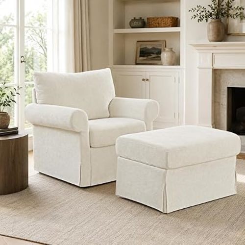 35.82" Accent Chair with Ottoman Set Upholstered Living Room Chairs for Reading Chair with Chaise Lounge Chairs Indoor, Comfortable Armchair for Bedroom (Beige, 35.82")