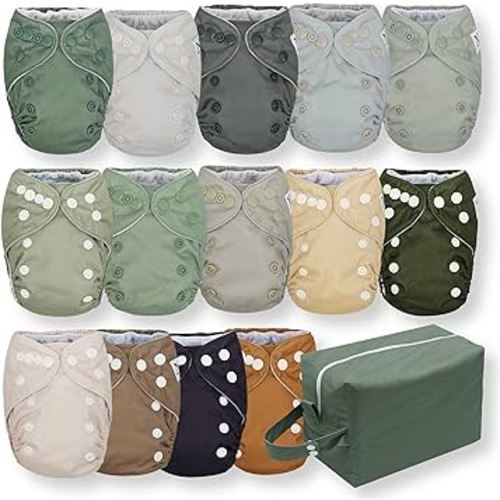 Nora's Nursery Newborn All in One Cloth Diaper 14 Pack with 1 Diaper Pod to Hold Clean Diapers - Waterproof Cover, Washable, Reusable & 1 Size Adjustable Cloth Diaper for Under 12lbs - Evergreen