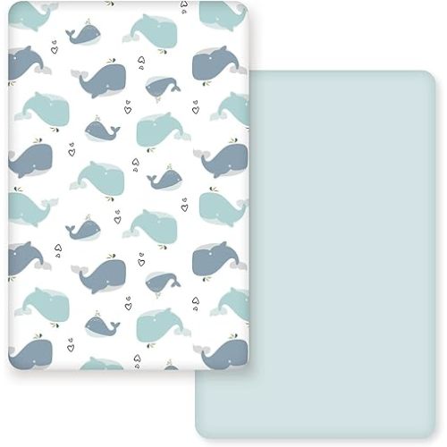 GRSSDER Stretchy Ultra Soft Jersey Knit Fitted Pack n Play Sheets Set 2 Pack, Portable/Mini Cribs Playards Sheets, Universal Fitted Pack and Play Mattress Sheets, Lovely Whale for Girls and Boys