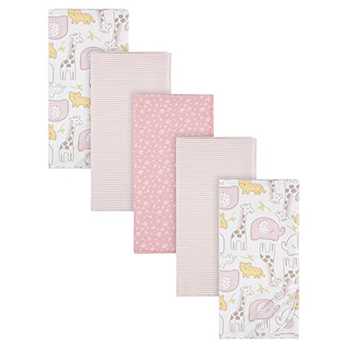Gerber Girls Newborn Infant Baby Toddler Nursery 100% Cotton Flannel Receiving Swaddle Blanket, Pink Safari, Pack of 5