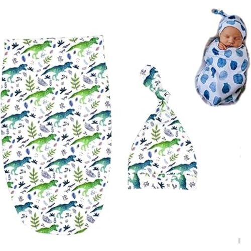 KAIXIN Swaddle Sack; Baby Cocoon Swaddle Wrap; Newborn Sage Swaddle with Matching Top Knot Hat ; Sleep Sack - Newborn Photography Prop (Green Leaves)