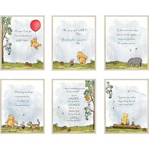 HerZii Prints Classic Winnie The Pooh Wall Art Decorations Set of 6 8x10 inch - Nursery Playroom Home Decor - Baby Shower Decorations