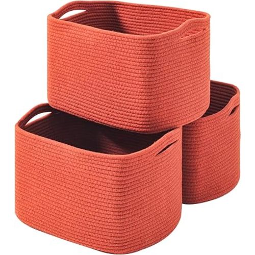 Storage Baskets for Organizing, Storage Baskets for Shelves, Toy Basket for Nursery, Woven Cotton Rope Baskets for Decor, Towel Basket for Bathroom, 15"x11"x9.5", 3 Packs, Brick Red