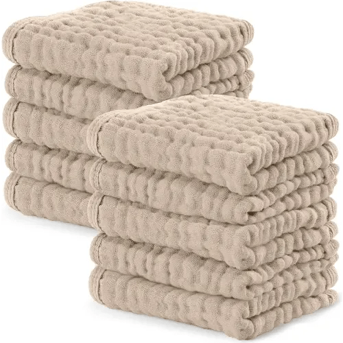 Comfy Cubs Muslin Baby Washcloths 10 Pack - Soft 6-Layer Cotton Wash Cloths for Sensitive Skin - 10"x10" Large, Gentle, Absorbent Infant Essentials for Newborn and Toddlers - Sand