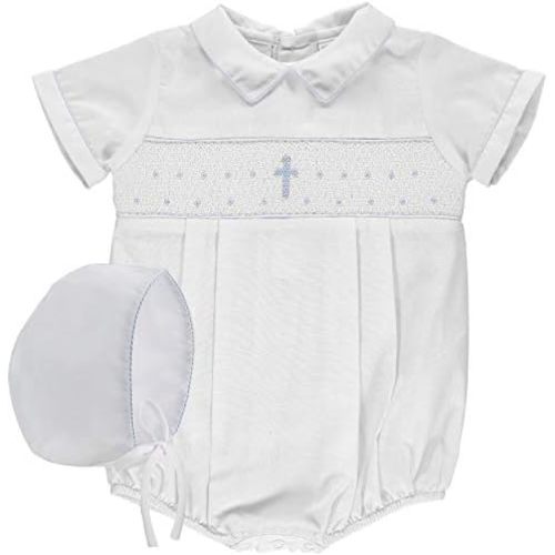 Smocked Cross Light Blue Christening Baby Boy Romper - Baptism Baby Bubble Romper, Cute Baby Boy Clothes