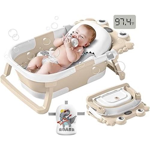 Collapsible Baby Bathtub for Infants to Toddler with Real-time Temp Monitor+Floating Cushion,Foldable Baby Bath Tub Set Applicable 0-36 Month,Portable Travel Baby Tub for Newborns Boy (Beige)