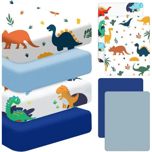 Mixweer 4 Pack Dinosaur Baby Crib Sheet Set for Boys Baby Crib Sheet for Standard Size Crib and Toddler Mattresses Soft Breathable Dinosaur Crib Sheets for Baby Gifts Home Nursery Toddler
