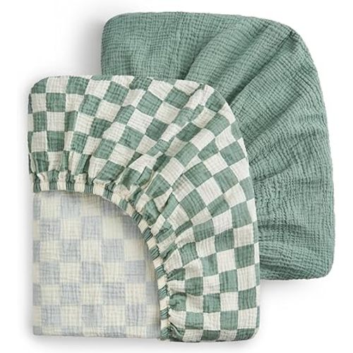 Blissful Diary Muslin Bassinet Sheets for Baby Girls Boys, Boho Soft Cotton Fitted for Oval Hourglass Rectangle Mattress, 2 Pack(Sage Checkboard & Sage Green)