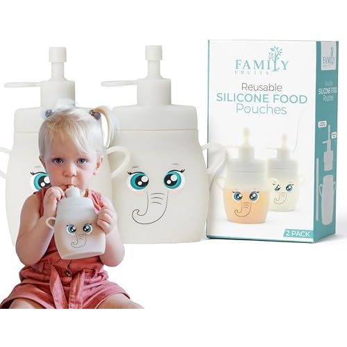 BPA Free, Silicone, Reusable Pouches for Toddlers 2 Pack Hippos, Easy to Clean Fill, Reusable Baby Food Pouches, Homemade Organic Smoothie, Puree, Applesauce, Yogurt, Reusable Squeeze Pouches for Kids