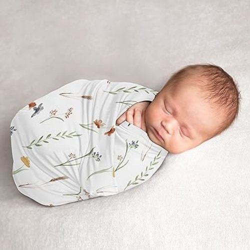 Sweet Jojo Designs Boho Floral Garden Flower Girl Baby Swaddle Blanket Infant Newborn Lightweight Jersey Stretchy Receiving Security Stroller Cover Green Watercolor Bohemian Farmhouse Vintage Shabby