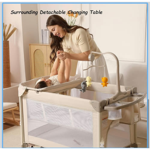 Pack and Play, Baby Bassinets Bedside Sleeper, Portable Crib, Diaper Changing Table & Baby Play Yard - Breathable Mesh & Steel Frame - Foldable for Newborn to Toddler (Cream Color)