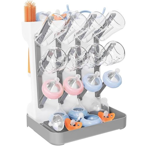 Baby Bottle Drying Rack, Vertical Bottles Dryer Holder Space Saving Standing Bottle Drying Rack for Countertop Kitchen Organize Bottles & Baby Accessories Brushes Pacifiers and Pump Part (Grey)