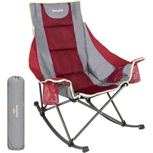 SUNNYFEEL Rocking Camping Chair Fully Padded Patio Folding Chair Portable Oversized Outdoor Rocker High Back Lawn Recliner with Side Pocket Camp Rocker Chairs for Adults Heavy Duty 500 LBS Red