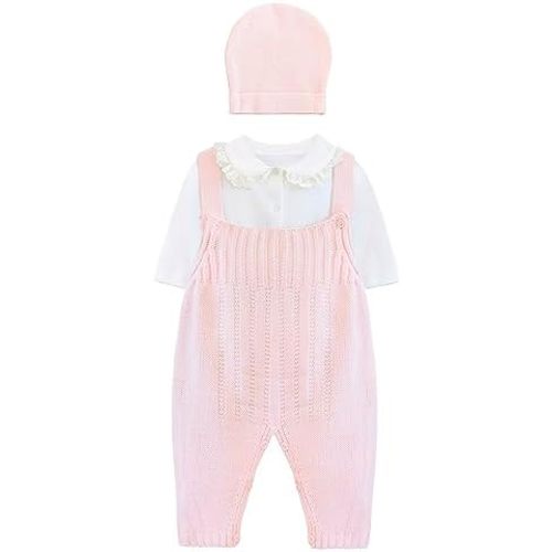 Lilax Baby Girls' Knit Jumpsuit Ribbed Romper with Bodysuit and Hat 3 Piece Set