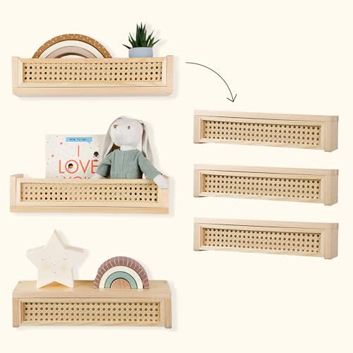 Rattan Shelf 3 Pack, 16 inch Nursery Shelves for Wall, Rattan Decor Boho Shelves, Rattan Bookshelf for Nursery, Floating Book Shelves for Wall, Nursery Shelf, Nursery Book Shelves, Rattan Wall Shelf