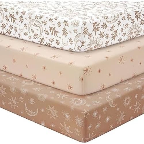 Baby Crib Sheets for Boys Girls, Fitted Crib Sheet Neutral 3 Pack for Standard Crib and Toddler Mattress, Breathable Soft Microfiber Baby Sheet 28x52x8in White Brown Sun God