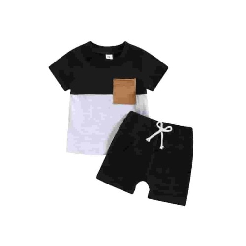 Qiylii Toddler Baby Boys Summer Outfit Sets 0 6 12 18 24 Months 2T 3T Short Sleeve Contrast Color T shirt Tops + Solid Color Drawstring Shorts Clothing