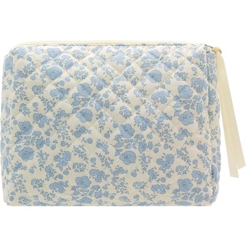 PAZIMIIK Quilted Makeup Bag Large Travel Zipper Soft Cosmetic Pouch for Women Girls Make Up,Little Flower Blue
