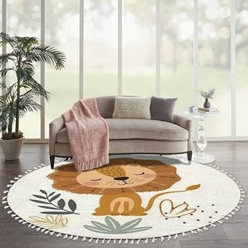 Minimalist Round Area Rugs Animals Cute Lion Jungle Life Boho Nursery Rug Scandinavian Kids Room Carpet Playmat Meditation Rug Washable Runner Mat Accent Rug for Bedroom Bathroom 6ft