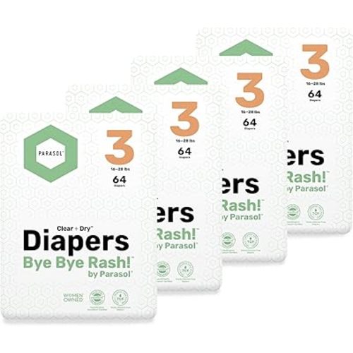 PARASOL Clear+Dry Disposable Diapers | RashShield Protection, Leakproof Design, Hypoallergenic Diaper Set | Size 3, (16-28 lbs) 256 Count