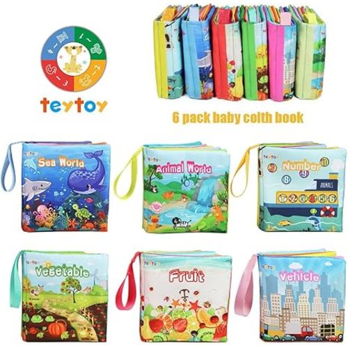 teytoy My First Soft Book,Nontoxic Fabric Baby Cloth Books Early Education Toys Activity Crinkle Cloth Book for Toddler, Infants and Kids Perfect for Baby Shower -Pack of 6