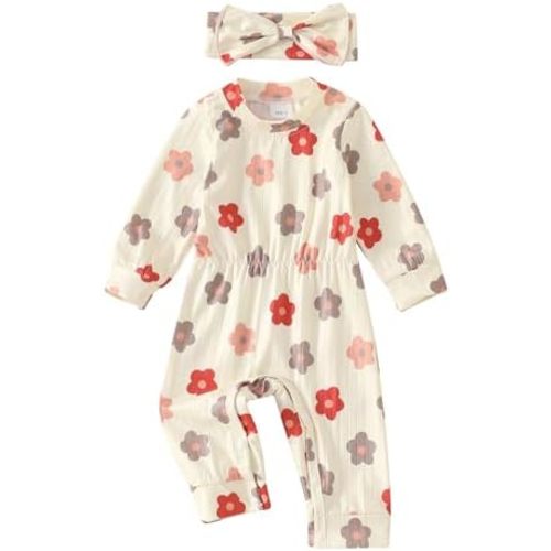 Winioder Newborn Baby Girl Fall Clothes Ribbed Long Sleeve Romper Jumpsuit with Headband Infant 2Pcs Coming Home Outfit