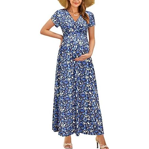 OUGES Maternity Maxi Dress Wrap V Neck Baby Shower Pregnancy Dresses for Photoshoot