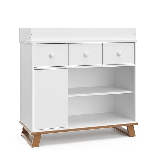 Storkcraft Modern Nursery Changing Table Dresser (White with Vintage Driftwood) – GREENGUARD Gold Certified, Baby Dresser With Changing Table Top, Dresser for Nursery, Changing Table With Drawers