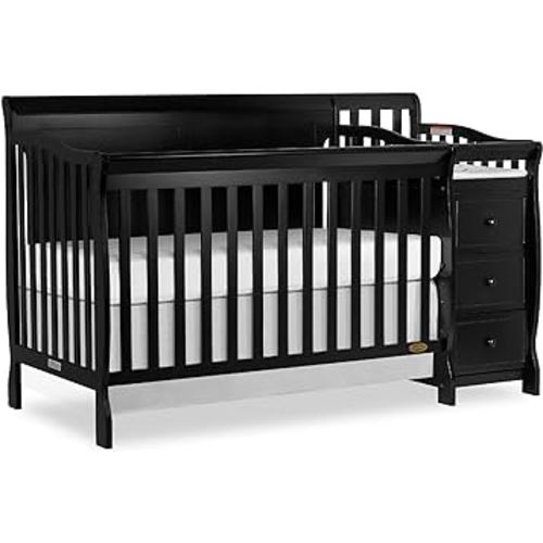 5-in-1 Brody Full Panel Convertible Crib in Black with Changer, Spacious Drawers, Detachable Changing Table, 1''Changing Pad