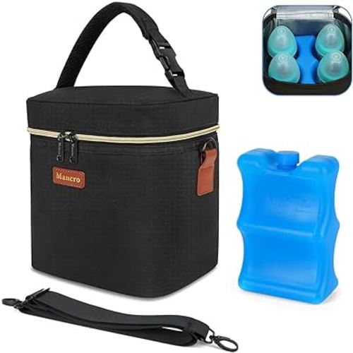 Mancro Breastmilk Cooler Bag for Travel, Fits 4 Baby Bottles Up to 9 Ounce, Baby Bottle bag with Ice Pack, Insulation Breast Milk Cooler Travel, Black