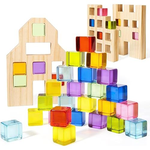 Wooden Building Blocks Set for Kids, 36 PCS Rainbow Acrylic Gem Cubes Blocks - 3 Wood House, Montessori Stacking Toy for Toddlers, Educational STEM Easter Toys for Boys Girls 3-6