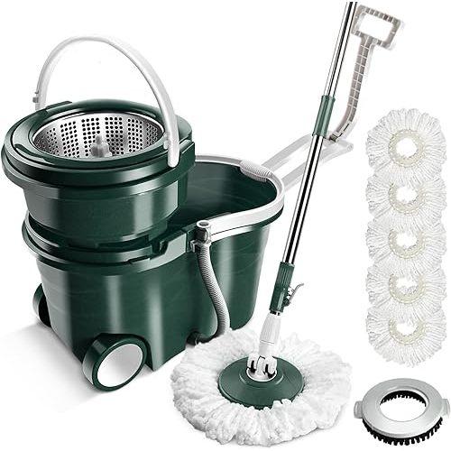 MASTERTOP Spin Mop and Bucket, Floor Mop and Bucket with Wringer Set for Home,47Inch Stainless Steel Adjustable Handle, Wet and Dry Use,5 Microfiber Replacement Refills, 1 Floor Brush