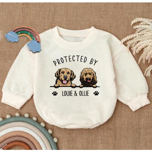 Custom Pet Portrait Protected By Baby Romper, Personalized Puppy Romper for Boys and Girls, Baby Pet Lover Outfit,Custom Baby Gift with Name