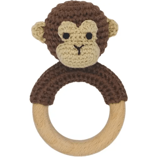 Joliecraft Safari Animals Wooden Baby Rattle Toys Stuffed Crochet Rattle with Teether Ring for Newborn, Brown Monkey