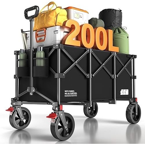 200L Collapsible Foldable Wagon, Large Heavy Duty Wagon Cart with 440lbs Weight Capacity, Folding Utility Wagon with Brake for Camping, Garden, Sports, Picnic, Shopping (Black)