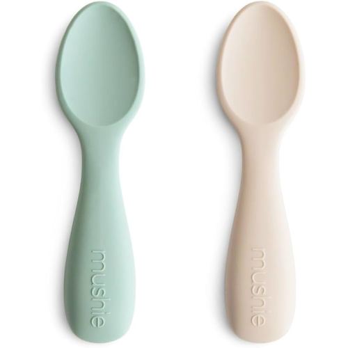 mushie Silicone Toddler Starter Spoons | 2 Pack (Cambridge Blue/Shifting Sand)