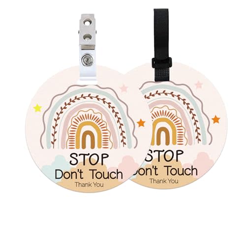 ORIGACH 2 Pack Rainbow No Touching Baby Signs, Stop Do Not Touch Baby Car Seat Sign Stroller Tags with Hanging Strap and Clip, No Touching Baby Sign for Newborn Baby Boy Girl