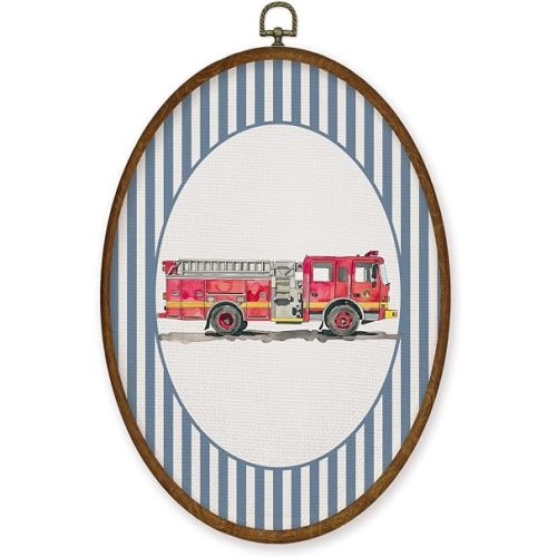WULQYING Boy Nursery Fire Truck Car Wall Art Decor, Kids Room Oval Framed Canvas Art Prints, Blue Striped Fire Engine Wall Hanging Decor for Kids Boys Toddler Room Bedroom Playroom, 8.6x11.4 Inches