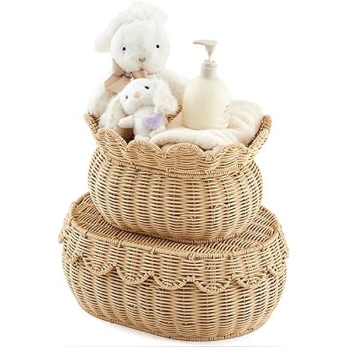 Juexica 2 Pcs Scalloped Rattan Baskets, Woven Rattan Wicker Storage Baskets with Lid for Nursery Storage diaper organizer Bathroom Decor(Natural)