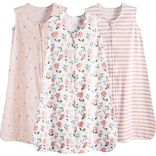 PHF Soft Baby Sleep Sack 6-12 Months 100% Cotton Wearable Blanket, 2-Way Zipper 0.5 TOG Toddler Sleeping Sack 3 Pack, Comfy Sleep Bag for Baby Girls, Pink Floral (Medium)