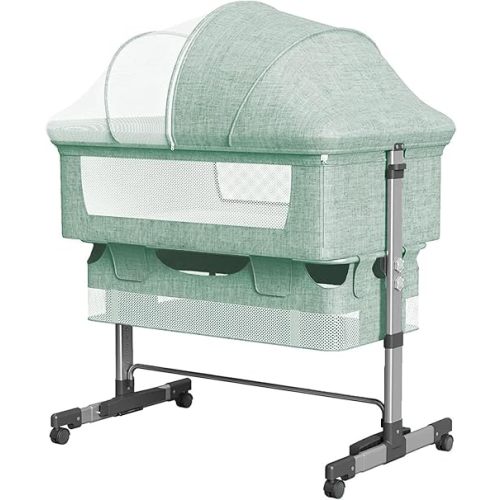Baby Bassinets Bedside Sleeper, 3 in 1 Baby Bassinet, Adjustable Easy Folding Portable Bed, with Mosquito Nets, Large Storage Bag, Comfortable Mattresses, for Infant/Baby/Newborn (Green)