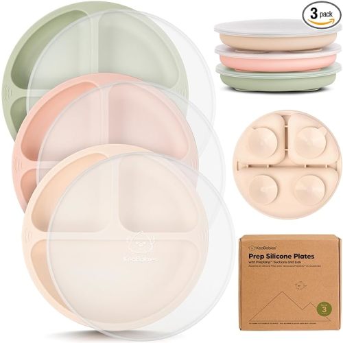 Suction Plates with Lids for Baby - 3-Pack 100% Silicone Toddler Plates with Suction, Divided, BPA-Free Baby Led Weaning Essentials for Kids, Dishwasher, Microwave Safe, Durable (Macaron)