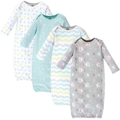 Luvable Friends Baby Cotton Long-sleeve Gowns 4pk, Basic Elephant, 0-6 Months