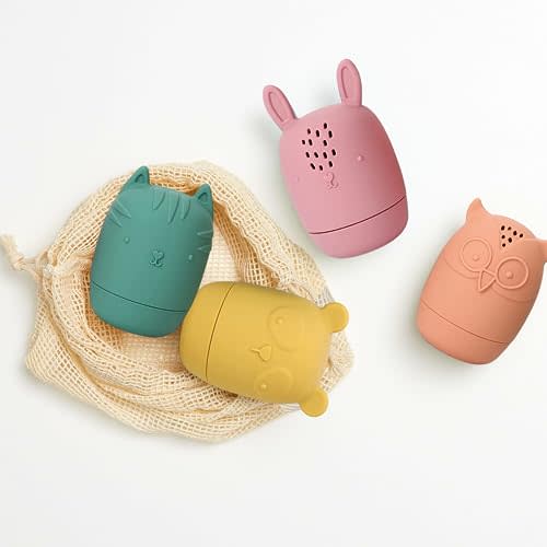 Bumble Bear Mold Free Silicone Bath Toys, Baby Bath Toys 6-12 Months, Toddlers 1-3, Non Toxic Infant Bathtub Toy, Water Toys, Pool Toy, Dishwasher Safe (Coral with Mesh Bag)